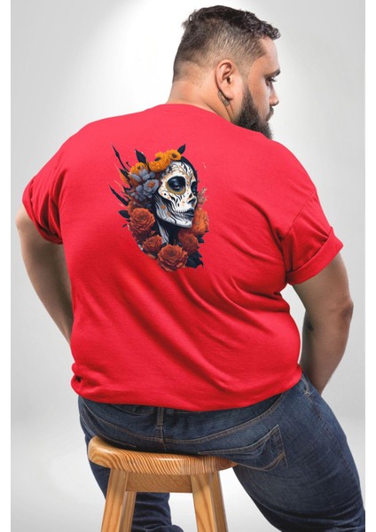 Maske Dövmeli Çiçekli Kız Büyük Beden Kırmızı Tişört Kadın Erkek Ünisex Sırt Baskılı