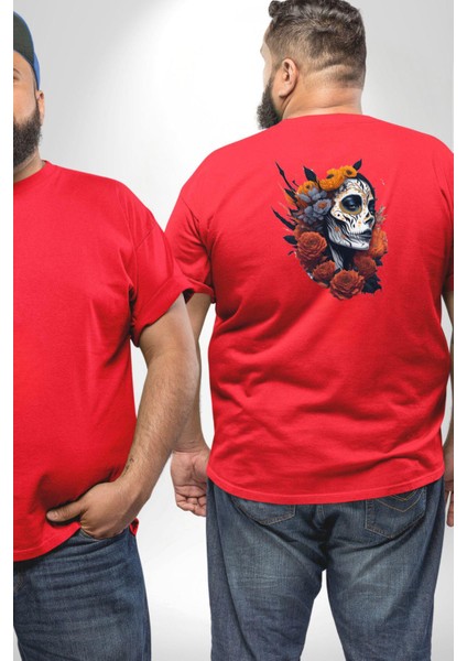 Maske Dövmeli Çiçekli Kız Büyük Beden Kırmızı Tişört Kadın Erkek Ünisex Sırt Baskılı fiyatları