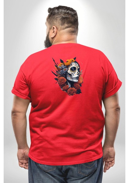 Maske Dövmeli Çiçekli Kız Büyük Beden Kırmızı Tişört Kadın Erkek Ünisex Sırt Baskılı fırsatları