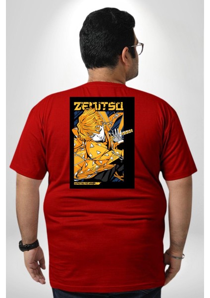 Zenitsu Agatsuma Anime Büyük Beden Kırmızı Tişört Kadın Erkek Ünisex Sırt Baskılı