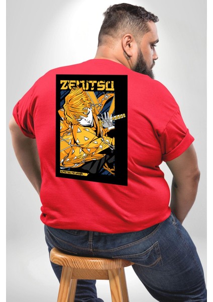 Zenitsu Agatsuma Anime Büyük Beden Kırmızı Tişört Kadın Erkek Ünisex Sırt Baskılı fırsatları