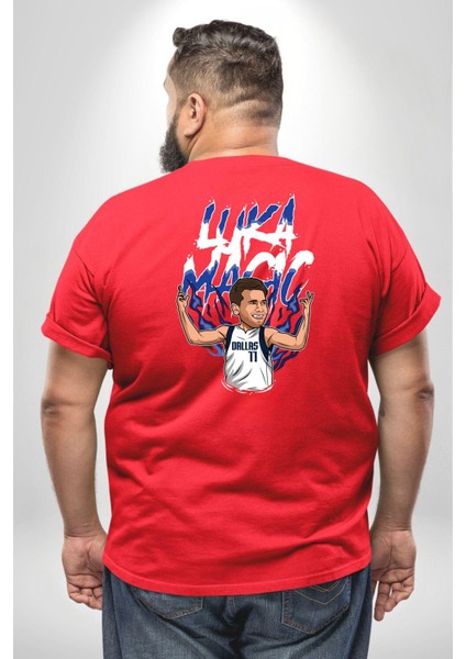 Luka Luka Doncic Basketboll Dallas Büyük Beden Kırmızı Tişört Kadın Erkek Ünisex Sırt Baskılı