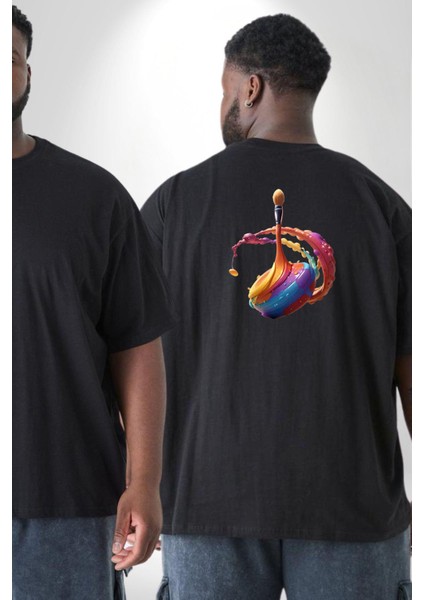 Resim Fırcası Büyük Beden Siyah Tişört Kadın Erkek Ünisex Sırt Baskılı fiyatları