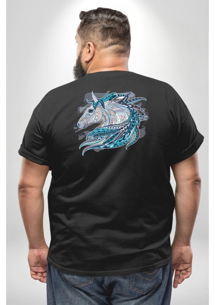 At Mandala Kafası Büyük Beden Siyah Tişört Kadın Erkek Ünisex Sırt Baskılı