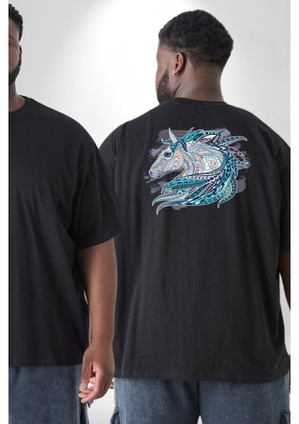 At Mandala Kafası Büyük Beden Siyah Tişört Kadın Erkek Ünisex Sırt Baskılı fiyatları