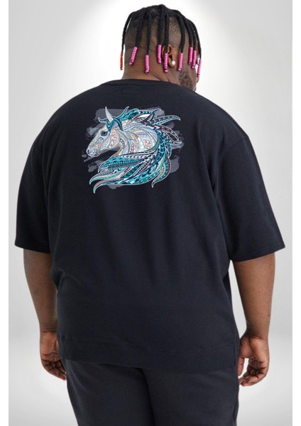 At Mandala Kafası Büyük Beden Siyah Tişört Kadın Erkek Ünisex Sırt Baskılı fırsatları