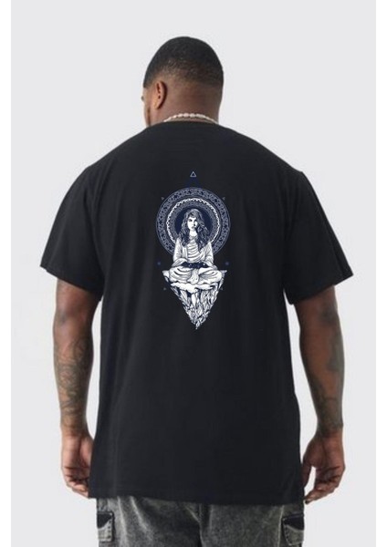 Falcı Meditasyon Yoga Dağın Üstünde Büyük Beden Siyah Tişört Kadın Erkek Ünisex Sırt Baskılı