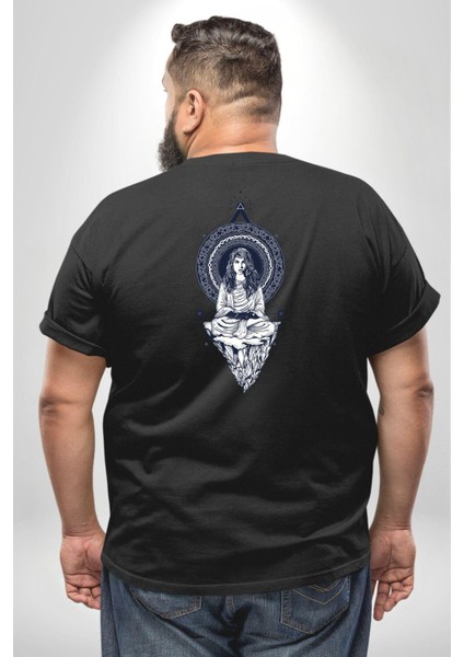 Falcı Meditasyon Yoga Dağın Üstünde Büyük Beden Siyah Tişört Kadın Erkek Ünisex Sırt Baskılı fırsatları