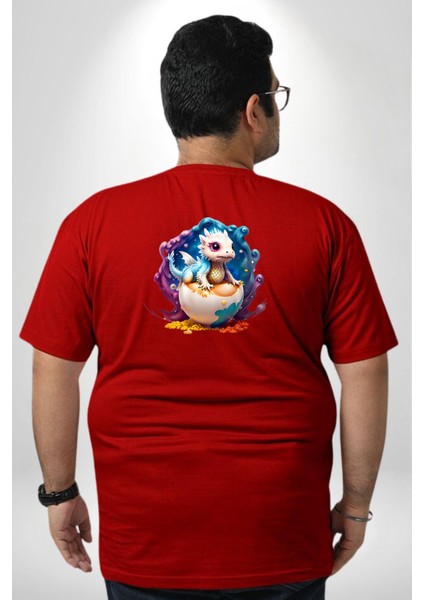Sevimli Bebek Ejderha Elmas Yumurta Büyük Beden Kırmızı Tişört Kadın Erkek Ünisex Sırt Baskılı
