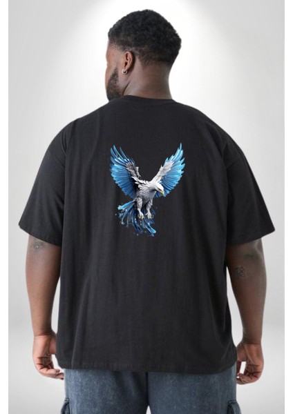 Mavi Beyaz Kartal Kuş Büyük Beden Siyah Tişört Kadın Erkek Ünisex Sırt Baskılı