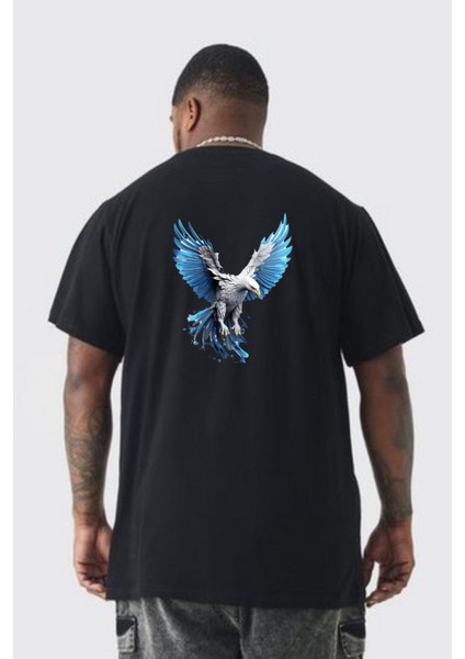 Mavi Beyaz Kartal Kuş Büyük Beden Siyah Tişört Kadın Erkek Ünisex Sırt Baskılı fırsatları