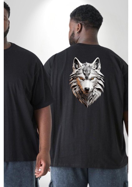 Beyaz Kurt Kafası Büyük Beden Siyah Tişört Kadın Erkek Ünisex Sırt Baskılı fiyatları