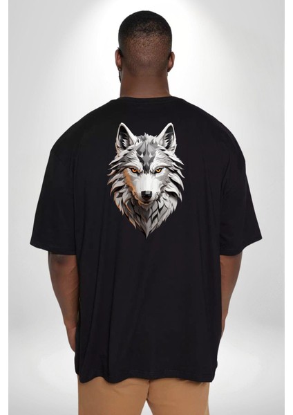 Beyaz Kurt Kafası Büyük Beden Siyah Tişört Kadın Erkek Ünisex Sırt Baskılı fırsatları