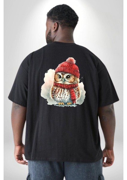 Kış Siyah Atkı Bere Baykuş Büyük Beden Siyah Tişört Kadın Erkek Ünisex Sırt Baskılı