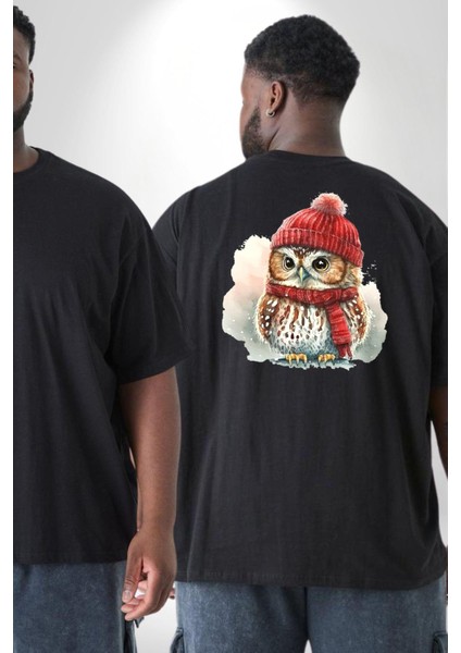 Kış Siyah Atkı Bere Baykuş Büyük Beden Siyah Tişört Kadın Erkek Ünisex Sırt Baskılı fiyatları