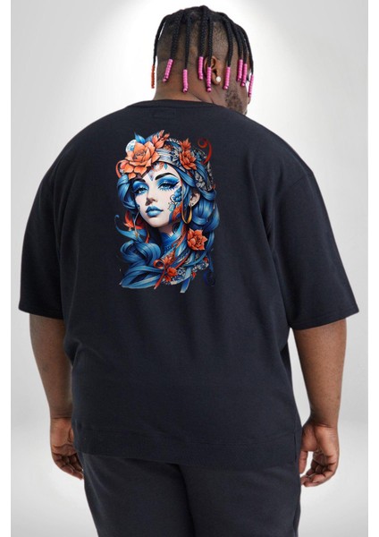 Kızlar Modası Dövme Çiçek Büyük Beden Siyah Tişört Kadın Erkek Ünisex Sırt Baskılı