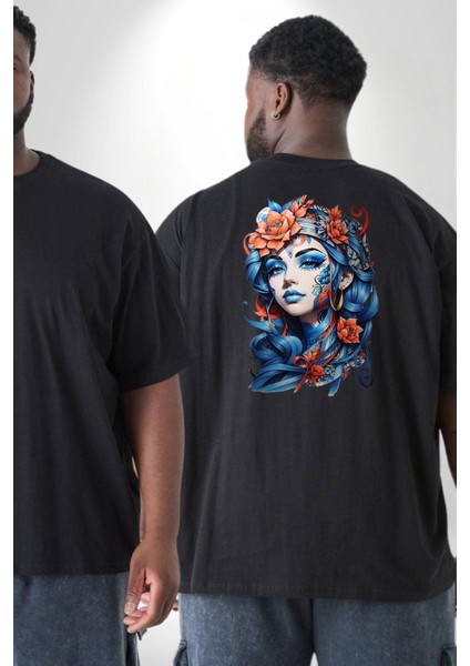 Kızlar Modası Dövme Çiçek Büyük Beden Siyah Tişört Kadın Erkek Ünisex Sırt Baskılı fiyatları