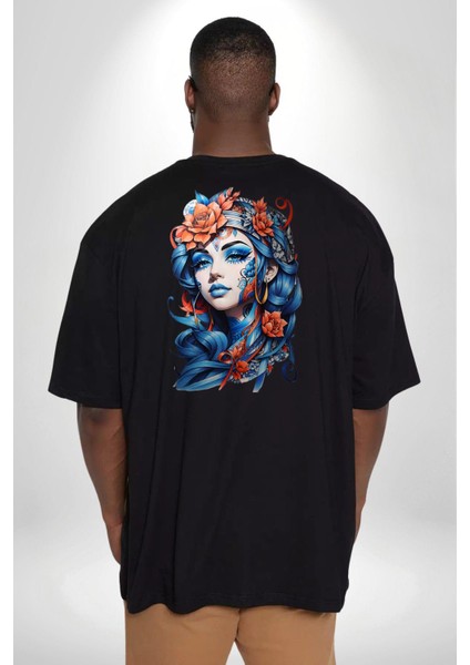 Kızlar Modası Dövme Çiçek Büyük Beden Siyah Tişört Kadın Erkek Ünisex Sırt Baskılı fırsatları