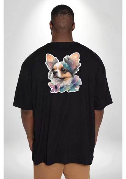 Chihuahua Köpek Büyük Beden Siyah Tişört Kadın Erkek Ünisex Sırt Baskılı