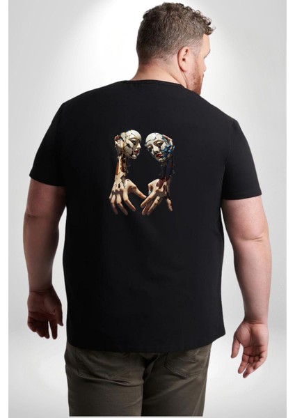 Yüz Yüze Ellerin Uyumu Büyük Beden Siyah Tişört Kadın Erkek Ünisex Sırt Baskılı