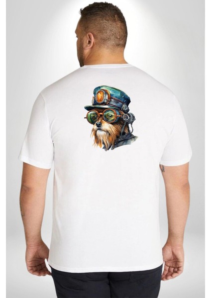 Tren Sürücüsü Gözlüklü Yorkshire Büyük Beden Beyaz Tişört Kadın Erkek Ünisex Sırt Baskılı