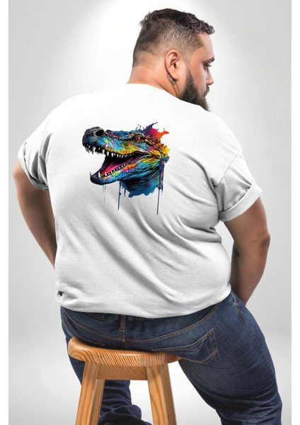 Timsah Renkli Kafası Büyük Beden Beyaz Tişört Kadın Erkek Ünisex Sırt Baskılı