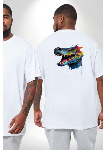 Timsah Renkli Kafası Büyük Beden Beyaz Tişört Kadın Erkek Ünisex Sırt Baskılı fiyatları