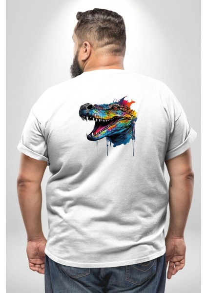 Timsah Renkli Kafası Büyük Beden Beyaz Tişört Kadın Erkek Ünisex Sırt Baskılı fırsatları