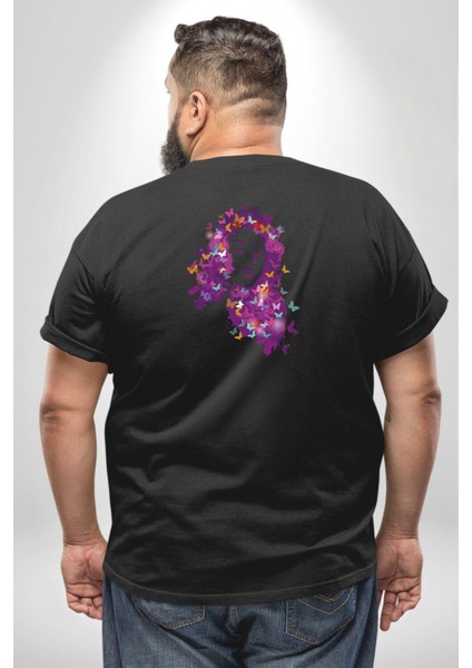 Kelebekler Kanser Günü Ve Kadınlar Günü Büyük Beden Siyah Tişört Kadın Erkek Ünisex Sırt Baskılı
