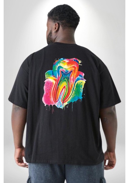 Diş Doktoru Diş Anatomisi Özel Tasarım Büyük Beden Siyah Tişört Kadın Erkek Ünisex Sırt Baskılı