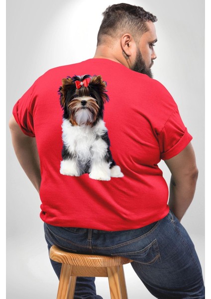 Biewer Yorshire Terrier Büyük Beden Kırmızı Tişört Kadın Erkek Ünisex Sırt Baskılı