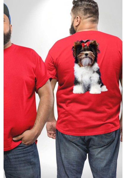Biewer Yorshire Terrier Büyük Beden Kırmızı Tişört Kadın Erkek Ünisex Sırt Baskılı fiyatları