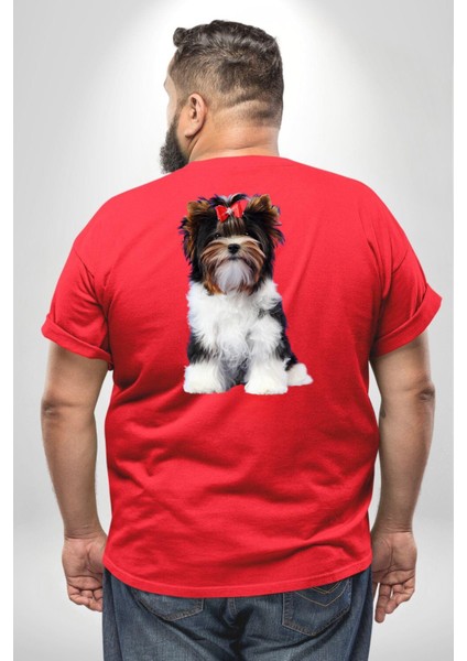Biewer Yorshire Terrier Büyük Beden Kırmızı Tişört Kadın Erkek Ünisex Sırt Baskılı fırsatları