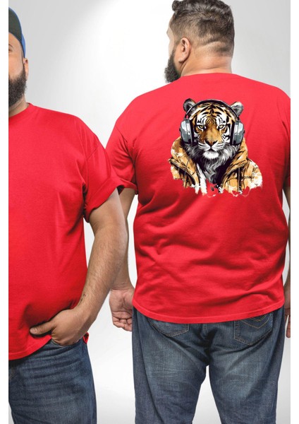 Müzik Dinleyen Kaplan Insan Mont Büyük Beden Kırmızı Tişört Kadın Erkek Ünisex Sırt Baskılı fiyatları