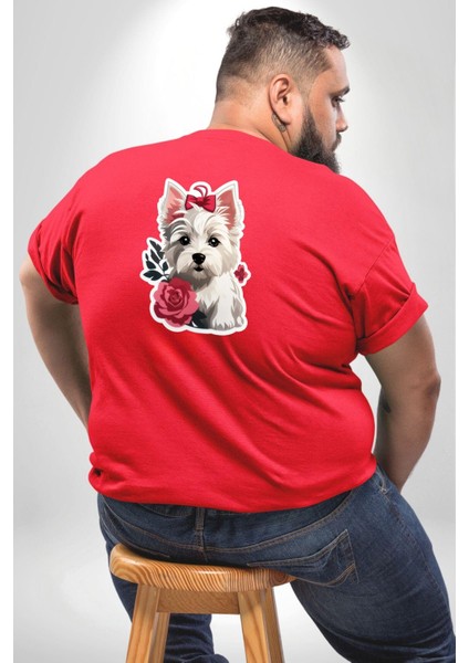 Beyaz Highland Teriyeri Kırmızı Gül Büyük Beden Kırmızı Tişört Kadın Erkek Ünisex Sırt Baskılı