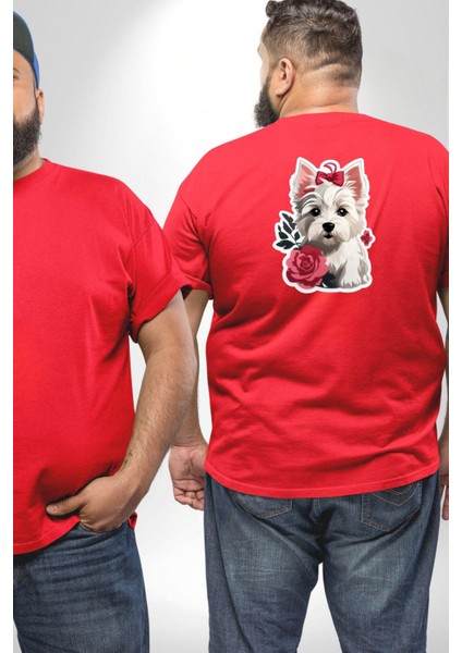 Beyaz Highland Teriyeri Kırmızı Gül Büyük Beden Kırmızı Tişört Kadın Erkek Ünisex Sırt Baskılı fiyatları