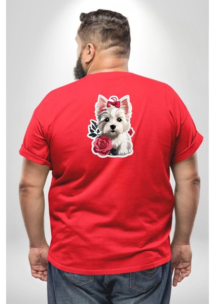 Beyaz Highland Teriyeri Kırmızı Gül Büyük Beden Kırmızı Tişört Kadın Erkek Ünisex Sırt Baskılı fırsatları