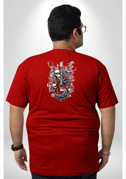 Gitar Kafatası Güller Doğa Uyumu Büyük Beden Kırmızı Tişört Kadın Erkek Ünisex Sırt Baskılı fırsatları