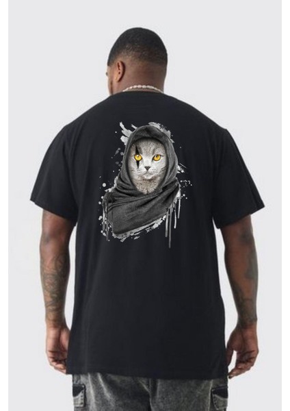Safari Kedi Şal Eşarp Büyük Beden Siyah Tişört Kadın Erkek Ünisex Sırt Baskılı
