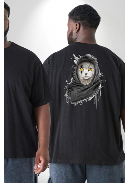 Safari Kedi Şal Eşarp Büyük Beden Siyah Tişört Kadın Erkek Ünisex Sırt Baskılı fiyatları