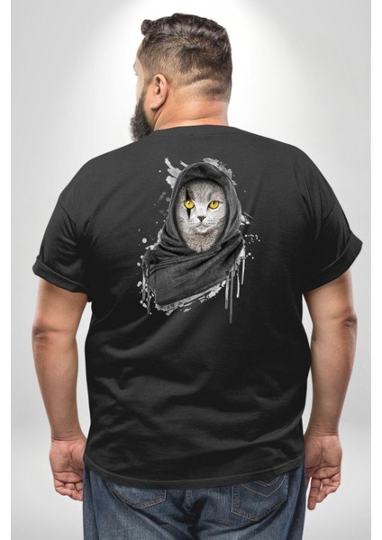 Safari Kedi Şal Eşarp Büyük Beden Siyah Tişört Kadın Erkek Ünisex Sırt Baskılı fırsatları