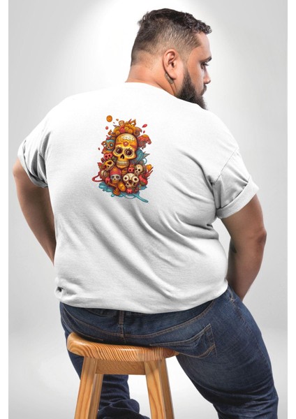 Renkli Kurukafa Hippi Büyük Beden Beyaz Tişört Kadın Erkek Ünisex Sırt Baskılı