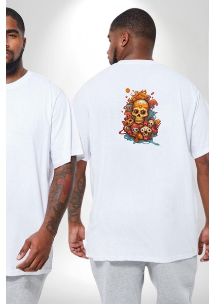 Renkli Kurukafa Hippi Büyük Beden Beyaz Tişört Kadın Erkek Ünisex Sırt Baskılı fiyatları