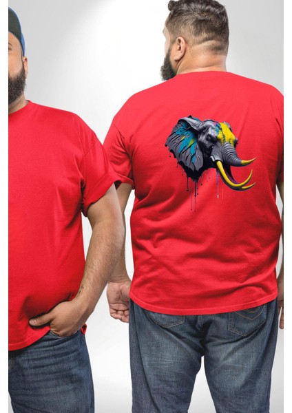 Renkli Fil Kafası Büyük Beden Kırmızı Tişört Kadın Erkek Ünisex Sırt Baskılı fiyatları