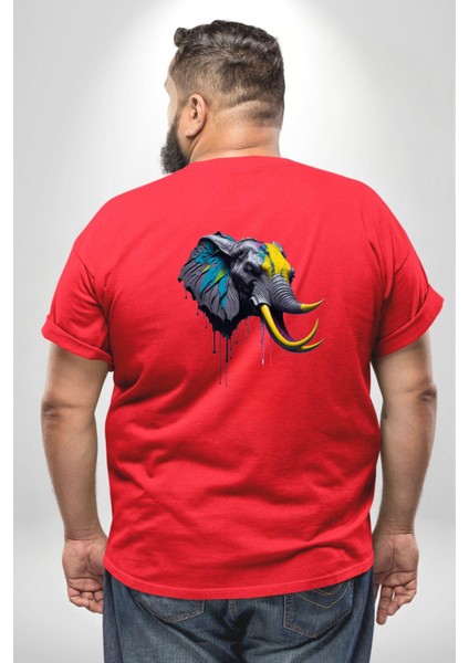 Renkli Fil Kafası Büyük Beden Kırmızı Tişört Kadın Erkek Ünisex Sırt Baskılı fırsatları