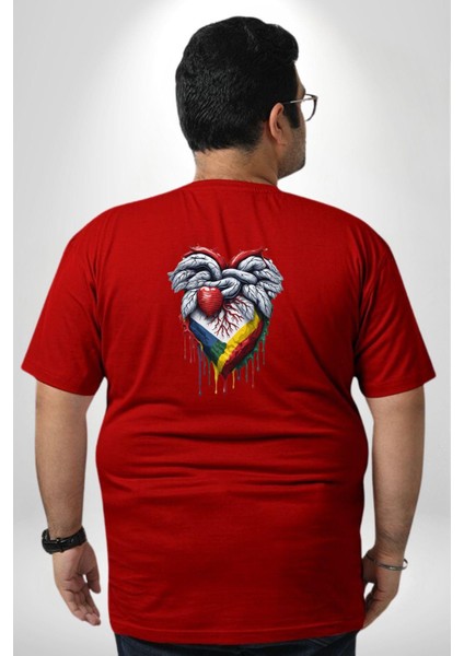 Kalp Damar Renkli Boyalı Büyük Beden Kırmızı Tişört Kadın Erkek Ünisex Sırt Baskılı