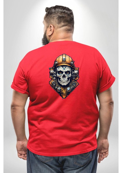 Maden Işcisi Kuru Kafa Büyük Beden Kırmızı Tişört Kadın Erkek Ünisex Sırt Baskılı