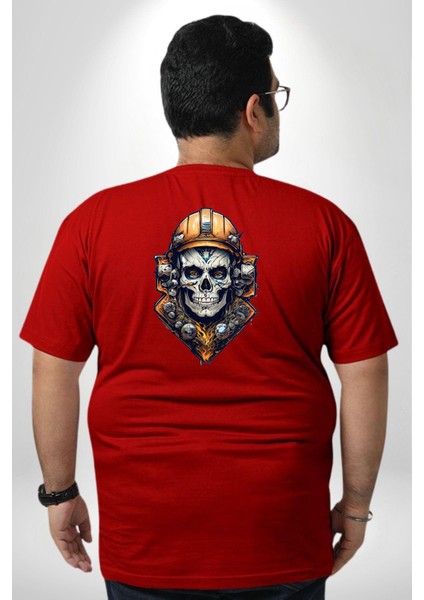 Maden Işcisi Kuru Kafa Büyük Beden Kırmızı Tişört Kadın Erkek Ünisex Sırt Baskılı fırsatları