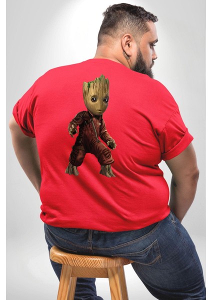 Bebek Groot Guardians Galaxy Büyük Beden Kırmızı Tişört Kadın Erkek Ünisex Sırt Baskılı