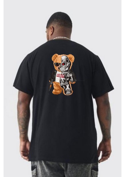 Robot Ayı Güneş Gözlüğü Büyük Beden Siyah Tişört Kadın Erkek Ünisex Sırt Baskılı